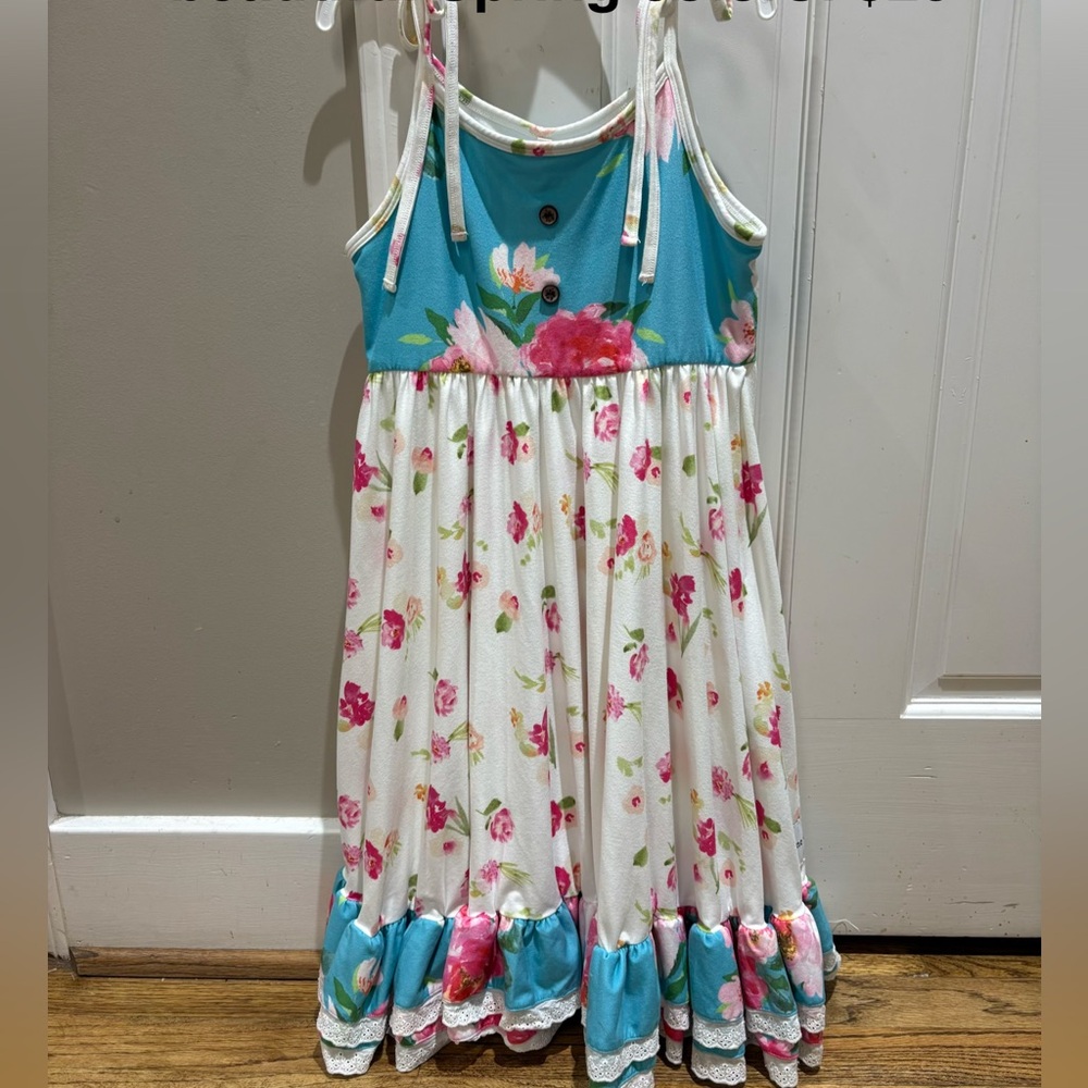 Girls' Floral Tie-Strap Maxi Dress in Teal and White